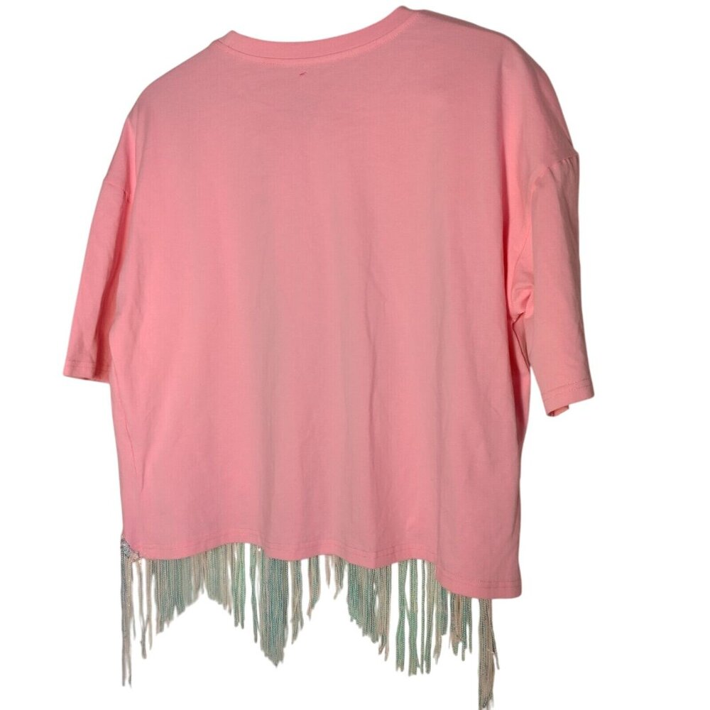 Cowboy T Shirt Large Pink Cropped Silver Fringe Western Cowgirl Crop Top - Picture 3 of 15